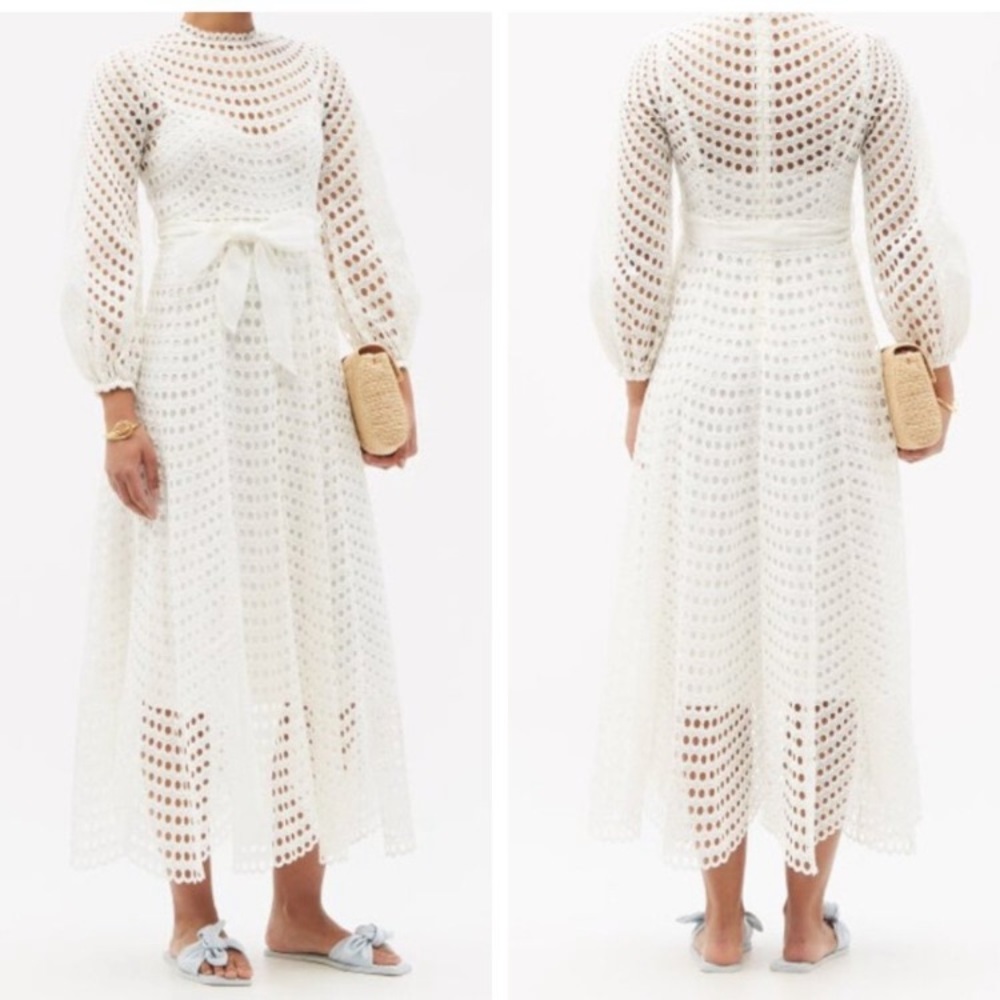 Zimmermann Poppy Eyelet Midi Dress Sz 1 Sz 6 White Ecru Ivory